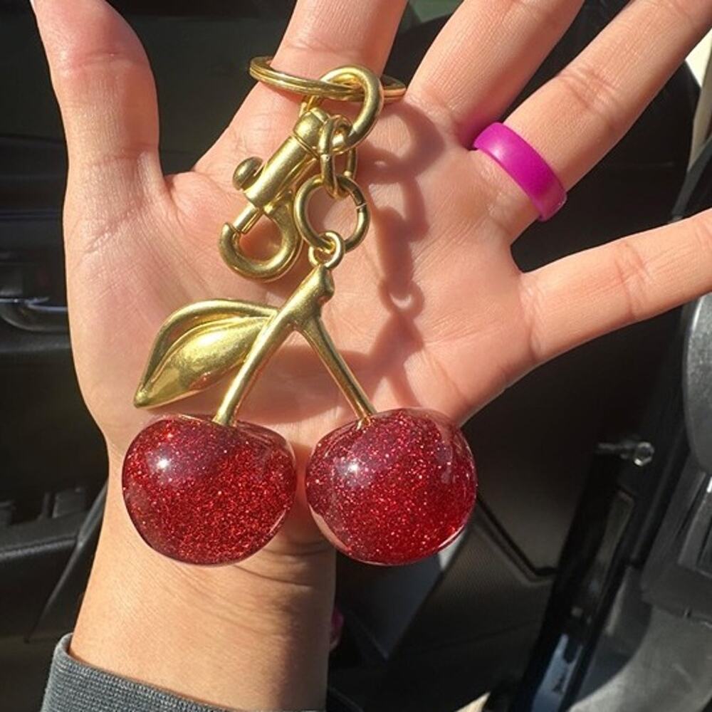 Gold Cherry Drop Earrings with Red Glitter Charms